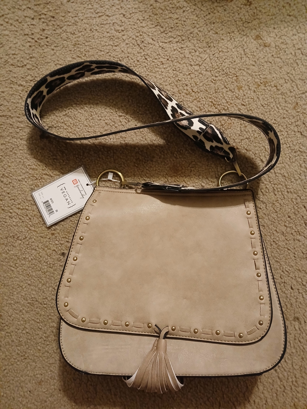 Beige Crossbody Bag with Leopard-Print Strap and Tassel